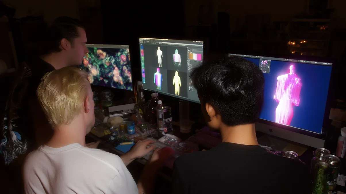 Musicians and game developers in a collaborative meeting