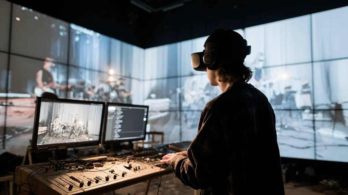 A musician in VR-studio creates a virtual concert
