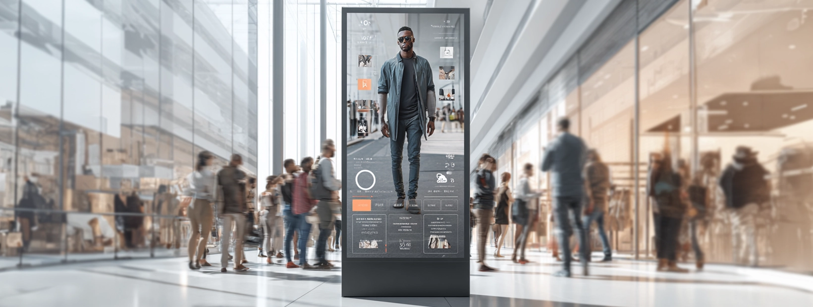 digital avatar on a screen of an interactive display kiosk